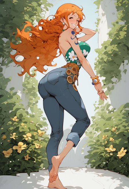 ,score_9, score_8_up, score_7_up, Expressiveh, (masterpiece), nami, low waist jeans,(blush, joyful, smile),  skinny, post timeskip nami, orange short hair, anime, one piece style, from the back, looking at camera, one feet up, one piece anatomy, huge ass, thight clothes, shiny skin, sexy, solo, beautiful face, perfect face, outside, standing up, oily skin, simple background, very detailled face, very detailled ass, fullbody, solo