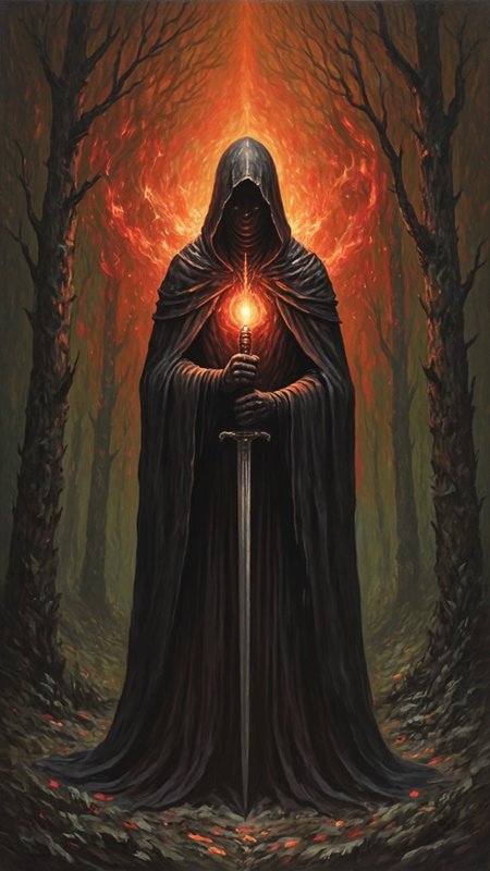 a mysterious figure standing in the center of the frame, positioned directly in front of the viewer, the figure is dressed in a dark hooded cloak, with the hood covering their face and the cloak flowing down their back, they are holding a large, glowing object in their hands, which appears to be a staff, the object is emitting a bright, orange light that emanates from behind the figure, creating a dramatic effect, the background is a dark, swirling pattern with a fiery orange hue, adding to the sense of power and mystery, the overall atmosphere is dark and foreboding, drawing the viewer's attention to the figure's enigmatic presence, A detailed oil painting of a dark figure in a hooded cloak, holding a sword, standing in a dark forest. The figure's head is obscured by a vibrant orange glow, while the background is a dark green, with a hint of orange and red, creating a sense of mystery and mystery.