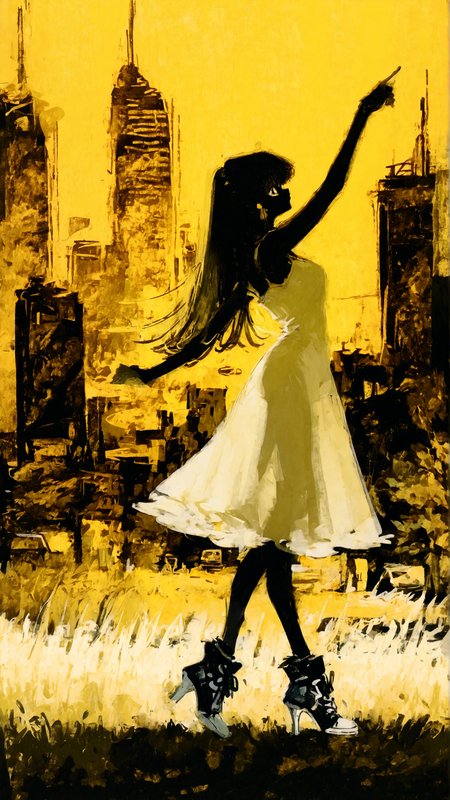 masterpiece, newest,absurdres,incredibly absurdres, best quality, amazing quality, very aesthetic, retro artstyle, abstract, yellow theme, 
1girl, speedlines, dancing, green grass, cityscape, white sundress, see-through silhouette, high heel sneakers, 
<lora:XXX477:0.6> xxx667_illu, <lora:ka_marukogedago:0.6> k4_illu,  <lora:fuyumur4s4ki_style:1> fuyumur4s4ki_illu