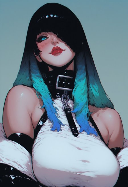 score_9,score_8_up,score_7_up,score_6_up, d3t41l3dh4nddr4w, detailedhanddraw, rating_safe,  1girl, solo, long hair, breasts, looking at viewer, blush, smile, bangs, blue eyes,  large breasts, black hair, closed dress, gloves, dress, bare shoulders, closed mouth,  blue hair, upper body, multicolored hair, elbow gloves, hair over one eye, collar, lips,  gradient hair, red lips,