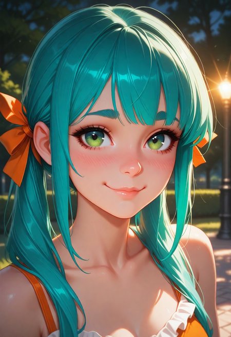 masterpiece, best quality, amazing quality, volumetric lighting, (by_neoartcore:0.1), BREAK, 1girl, 25 years old, mature, adult, 
detailed face, portrait, face focus, depth of field, looking at viewer, blush, shy smile, 
green eyes,
aqua hair, long hair, twintails, sidelocks,  thick eyebrows, eyebrows hidden by hair, hair ribbon,  orange ribbon, 
frilled dress, orange dress, sleeveless dress, bare shoulders, collarbone, 
park,