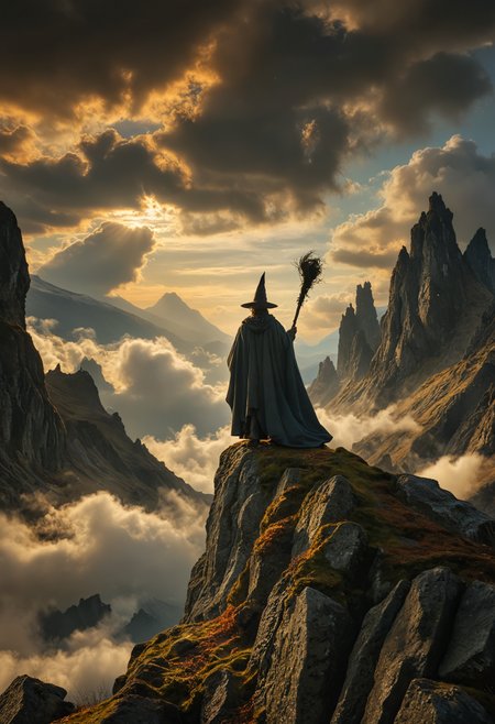 A wise wizard in a billowing slate-grey cloak and pointed hat, stands atop a jagged moss-covered rock precipice, a twisted gnarled staff in hand, with his back to the viewer, gazing into a luminous cloud-filled sky in warm hues of gold amber and soft blue, surrounded by the dark brooding silhouettes of craggy peaks, sense of serene yet powerful solitude, <lora:MJ52:0.3>, <lora:CinematicStyle_v1:0.5>, <lora:add-detail-xl:1>, <lora:volumetric lighting:0.5>