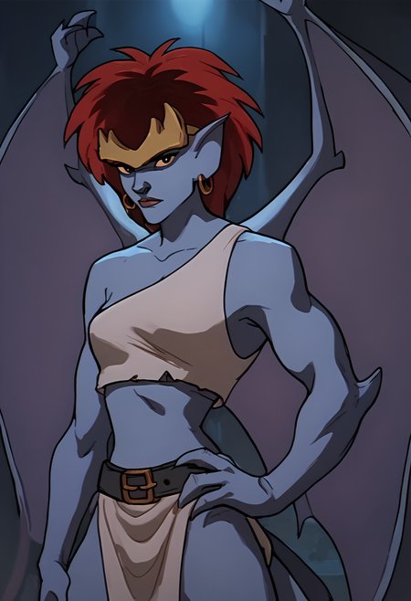 <lora:DemonaPony1.0:1>demona, solo, 1girl, red hair, hoop earrings, pointy ears, wings, tank top, short hair, tail, score_9, score_8_up, score_7_up, score_6_up, score_5_up, score_4_up, looking at viewer, hand on own hip, cowboy shot,