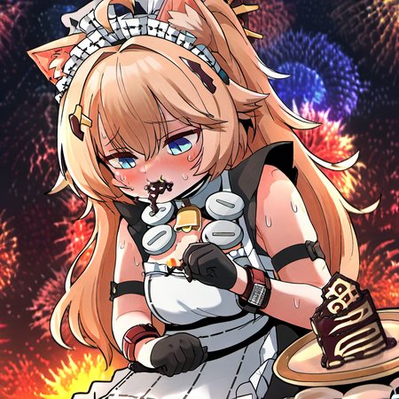 maid headdress, black gloves, watch, hair ornament, fireworks, cat ears, blue eyes, animal ear fluff, neck bell, hairband, skirt, sweat, chocolate, ahoge