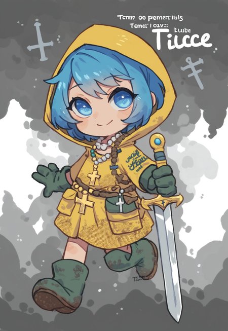 score_9, score_8_up, luce, 1girl, blue hair, short hair, weapon, sword, blue_hair, blue_eyes, cross, cape, one_eye_closed, jewelry, english_text, necklace, holding_weapon, hood, holding, short_hair, holding_sword, black_hair, smile, looking_at_viewer, gloves, blue eyes, cross necklace, plate armor, leather armor, templar yellow cloakclothing, chainmail, armor, yellow hood, green boots