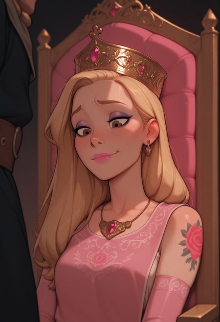 masterpiece, best quality, amazing quality, very aesthetic, DISNEY_ANIMATION, incoth, (incase:0.6), female, (depth of field), 
beautiful 18 year old russian czech princess, perfect face, blonde hair, hair tucked behind her ear, pink lipstick,
eyeliner,slim, small breasts, hair swept to one side, beautiful, kawaii, brown eyes, sitting, throne, medieval, pink evening gloves, golden crown, pink tabard with gold embroidery, shoulder tattoo, necklace,
detailed face, beautiful face, dramatic, close up of her face, zoomed in on her face, curious, tilting head, looking down , regal, noble,
1man, peasant man next to her,clothed man, man standing over her, raised eye brow, hopeful, slight smile,
