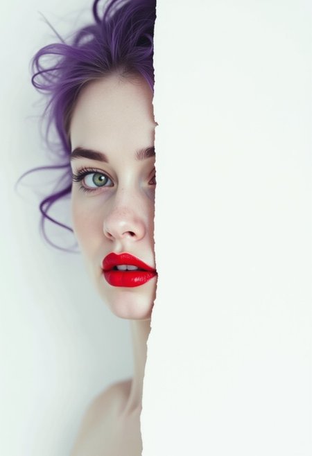 A captivating minimalist portrait of a shy and alluring woman. The left half of her face is visible, with her delicate features seamlessly merging into a blank canvas of white. Her soft, bright red lips contrast against the monochromatic background, drawing the viewer's attention. Purple hair, green eyes. Her eyes hold a subtle, mysterious expression that exudes both haunting and enchanting vibes. The simplicity of the composition, with its stark contrast, evokes a sense of ethereal beauty. by Sasan