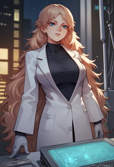 score_9, score_8_up, score_7_up, score_6_up, source_anime BREAK 1girl, <lora:fluffydango-artist-richy-v1_pdxl:1> large breasts, lab coat, dark, darkness, night, laboratory, very long hair, indoors