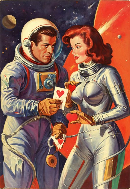 a couple in outer space exchanging valentines cards, (space suits), non-revealing, sfw, fully clothed, an illustration, in the style of rudolph-belarski, retro-futurism 