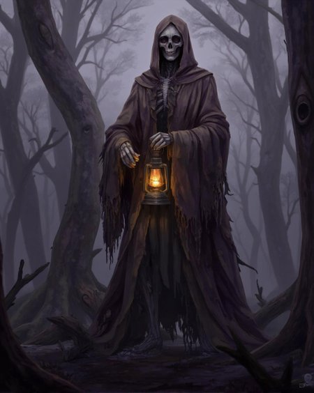 <lora:ck-LttleGhost-000011.safetensors:1> in the style of ck-lttlegh0stA skeletal figure shrouded in tattered, worn-out robes holds an antique lantern amidst fog-enshrouded trees, radiating an eerie presence and dark elegance. Muted purples, grays, and earth tones envelop the scene, punctuated by a warm glow from the lantern. The camera angle accentuates the figure's imposing stature as the robe appears to be on the brink of disintegrating, releasing secrets of the past.
