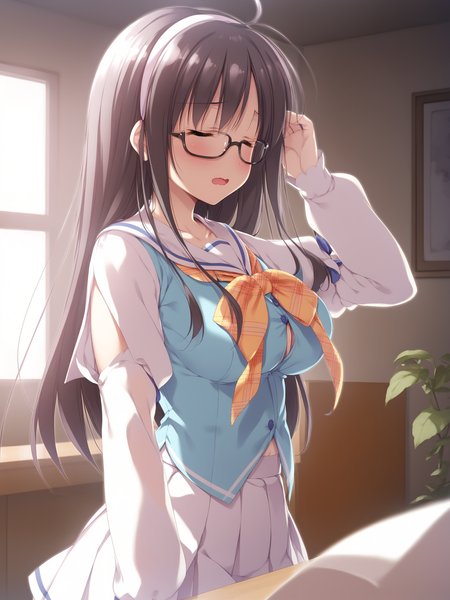 1girl, 
score_9, score_8_up, score_7_up, rating_explicit, (BREAK:-1), source_anime, Himeno_Towa, solo, solo focus, purple eyes, long hair, black hair, ahoge, hair ribbon, white ribbon, hairband, white hairband, large breasts, school uniform, serafuku, blue serafuku, ribbon, orange ribbon, skirt, white skirt, thigh, thighhighs, white thighhighs zettai ryouiki, looking at another, from side, dutch angle, (winter:1.1), (midnight:1.1), dim lighting, natural lighting, pov closed eyes, embarrassed, open mouth, black-framed eyewear, blush, glasses, black footwear, miniskirt, wavy mouth, breasts, long sleeves, indoors, arm up, pleated skirt, chestnut mouth, bizarro, 
masterpiece, best quality
 <lora:Himeno_Towa_Pony_v1:0.7>