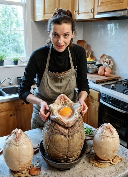 woman housewife with frying pan preparing big xenomorph eggs, xenoegg, satisfied, explains in the kitchen, High detail RAW color Photo, 8k, F2.8,  <lora:Xenomorph_Egg_SDXL:1>  <lora:xl_more_art-full_v1:0.8>