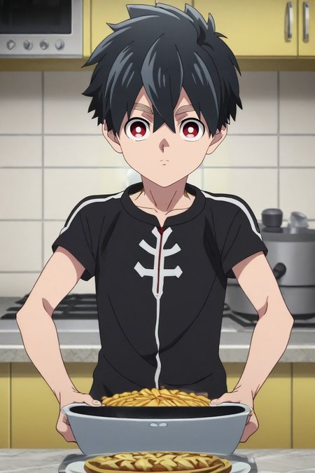 score_9, score_8_up, score_7_up, source_anime, rating_safe, , anime screencap, anime coloring, , looking at viewer, , 1boy, solo, male focus, <lora:kabane_kusaka_pony:0.94>, kabane_kusaka, black hair, red eyes, short hair, hair between eyes, straight-on, kitchen, cooking, dawn, dynamic pose, happy, taxi driver costume, <lora:sdxl_lightning_8step_lora:1>