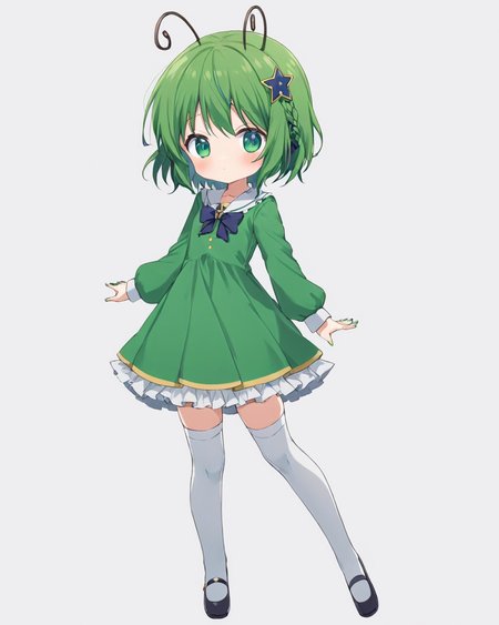 wriggle nightbug,1girl, solo, antennae, white_thighhighs, braid, dress, blush, alternate_costume, white_background, zettai_ryouiki, hairclip, green_nails, hair_bow, simple_background, nail_polish, looking_at_viewer, long_sleeves
<lora:wriggle_nightbug_image3698_2023-12-11-000006:1>,star-shaped_pupils,symbol-shaped_pupils,. gorgeous,key visual, vibrant, studio anime,award-winning, professional, highly detailed,high budget, cinemascope