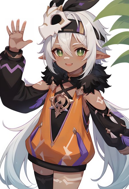 score_9_up,score_8_up,score_7_up,<lora:GI_Iansan_v1.0_PONY-000014:1>,
GI_Iansan,solo,1girl,green eyes,hair between eyes,hair ornament,long hair,puffy sleeves,dark skin,single thighhigh,pointy ears,low twintails,fur trim,smile,black thighhigh,facial mark,white hair,orange dress,tattoo,ring,waving,
white_background,simple_background