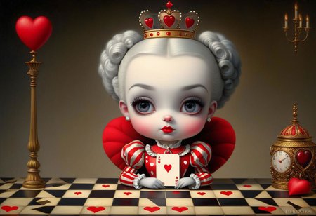 Cuteness overload. Insanely detailed portrait adorable Queen of Hearts.
Fairytale, sharp eyes, Jasper Johns, Margaret Keane, Ray Caesar, Craig Davison, Mark Ryden, Fragonard. Cinematic lighting, beautiful, rich deep colors, masterpiece. Hires 32k best quality.