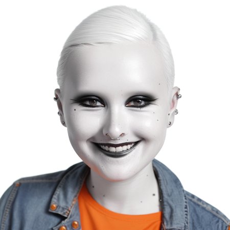 portrait, br0wl3ss, orange hoodie, solo focus, makeup, greyscale, simple background, smile, mole under eye, white background, piercing, denim jacket