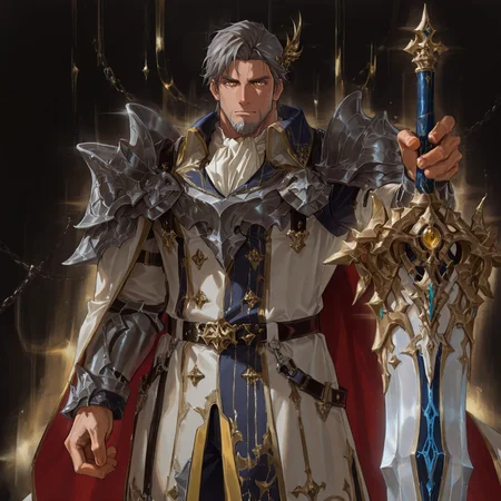 <lora:Zain_Alchemist_Code-000003:.8>, (tagatamezain, 1boy, short hair, grey hair, yellow eyes, hair ornament, solo, male focus, manly, mature male, bara, muscle body, armor, coat, ascot, cape, pants, shoes, greatsword,)
looking at the viewer, cowboy shot, 
(very short hair, beard, bara, mature, facial hair, stubble, beard, full beard, sideburn, beard, a lot of beard, ), facial hair,male focus, muscular male, muscular male, bara, mature,  bara, mature, aixiwuganda_(20222192), very awa, masterpiece, best quality, absurdres, newest, perfect quality, detailed background, intricate details,
<lora:slider_Body Type_alpha1.0_rank4_noxattn_last:3><lora:Anime Summer Days 2 Style SDXL_LoRA_Pony Diffusion V6 XL:.6><lora:slider_cfg_scale_boost:.7><lora:Artist6p:.55>, Artist6p, Artist04p,<lora:slider_il_brightness_slider_d1:-1><lora:slider_il_contrast_slider_d1:-1><lora:slider_DarkSlider1.2_alpha1.0_rank16_full_300steps:-.6>