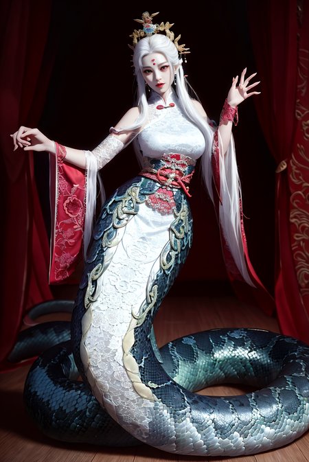 <lora:lamiaConcept_10:1.2> lamia, full body,   <lora:fashionGirl_v50:0.8>masterpiece, best quality,1snake,snake,unparalleled masterpiece, ultra realistic 8k CG, perfect artwork, ((perfect female figure)), white hair, red eyes, mature female, milf, narrow waist, chinese deity, looking at viewer, seductive posture, sexy pose, alluring, clean, beautiful face, pure face, pale skin, absurdly long hair,  divine goddess, shiny skin, skindentation, lace, lace trim, lace-trimmed legwear, delicate pattern, intricate detail, (rich:1.4), pres,
