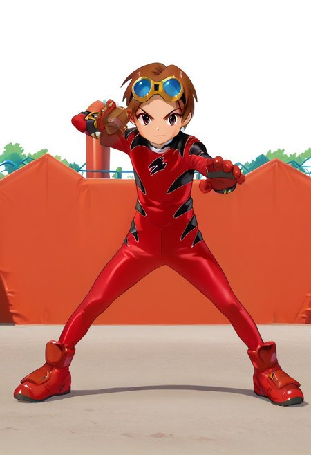 score_9, score_8_up, score_7_up, zPDXL2, 
1boy, solo, goggles on head, brown hair, 
,standing on playground,henshin pose,
geki red, red bodysuit, black markings,   red gloves, red boots,