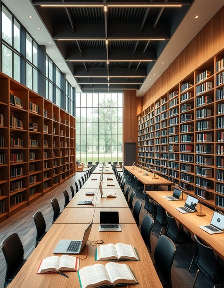 A high-resolution, ultra-realistic photograph of a modern college library interior. The scene showcases a spacious, open-plan design with large floor-to-ceiling windows allowing natural daylight to flood the space. The architectural style is contemporary, featuring minimalist furniture with clean lines: sleek wooden tables, ergonomic chairs in neutral tones (gray and beige), and built-in bookshelves made of light oak wood.
In the foreground, a group of diverse students (varied ethnicities and genders) are quietly studying, some using laptops, others reading books, with focused, calm expressions. One student is sipping coffee from a reusable cup.
The background displays rows of neatly organized books, indoor plants adding a touch of greenery, and modern pendant lights hanging from the ceiling, providing warm, ambient lighting. The floor is covered with soft gray carpet, and large abstract paintings decorate the walls, contributing to a cozy and intellectual atmosphere.
The overall mood is peaceful, studious, and inspiring, with balanced natural and artificial lighting, crisp details, and realistic textures, captured as if by a professional architectural photographer using a full-frame camera.
 <lora:SDXLFaeTastic2400:0.4> <lora:extremely_detailed:0.4> extremely detailed,<lora:modern_c0ll3g3_l1br4ry:1>,modern c0ll3g3 l1br4ry, Masterpiece,best quality,hi res,8k,hi res,8k,award winning,(sharp focus, intricate, highly detailed),