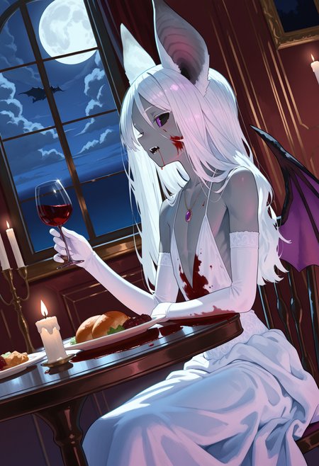 solo, 1boy, flat chest, trap,  small eyes, black sclera, purple eyes, without pupils, color skin, grey skin, bat ears, bat wings, claws, fangs, long hair, white hair, skinny,
white ball gown, long gloves, white gloves, necklace,
drinking glass, sitting, cowboy shot, sitting on chair, side view, dutch angle, holding wine,
blood, blood on dress, blood on face, cup, table, candle, plate, fork, food, wine glass, chair, night, window, moon, clouds,
<lora:katajonytweetIL-style:1>, katajony tweet,,masterpiece,best quality,amazing quality,