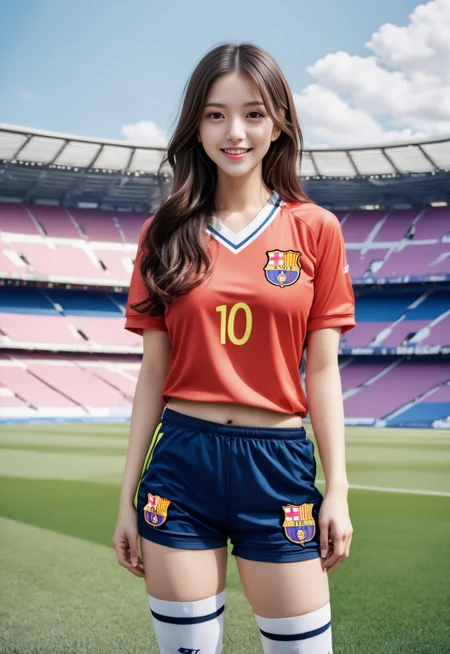 Photo of a Beautiful girl,long hair,black hair, full body,
( soccer uniform, soccer shoes:1.2,football shorts,),(Nou Camp Stadium:1.1),kick the ball,running,(colorful soccer uniform),wide angle,(full body:1.2),
parted lips,(mature female),happy expression,collarbone,
blush cheeks,clear sharp focus,
dynmaic pose,
wide shot, 
<lora:sdxlpastania_v2:1>
masterpiece, absurdres highres extremely detailed,(RAW photo:1.2), (photorealistic:1.4),(intricate details:1.2),
cinematic effects,wallpaper,Megapixel,highres,Intricate details,ultra detailed,8k,