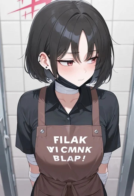 masterpiece, best quality, very aesthetic,  <lora:Imashino_Misaki_Blue_Archive_ilxl_goofy:1>misakiBA, halo, 1girl, brown apron, mouth mask, black shirt, black mask, bandaged neck, bandages, arms behind back, clothes writing, blush, short sleeves, surgical mask, closed mouth, mask pull, collared shirt, looking to the side, ear piercing, bandaged arm, english text, tiles, averting eyes