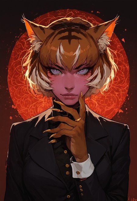 score_9, score_8_up, score_7_up, score_9, score_8_up, score_7_up,intricate, details,naturalism,hyperdetailed, 8k, 16k, masterpiece, source_furry, Female, Solo, Yo-kai, Humanoid Cat, cat tail with orange wisp, pink skin, black blazer, white stripes on blazer, yellow paws, yellow feet, claws, cat bell, white cuffs,