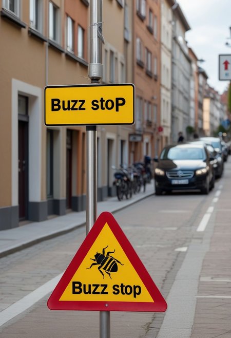 A sign at a street, with text "Buzz Stop", buzz <lora:buzz-text:0.90>