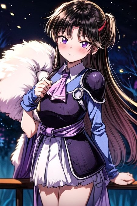 masterpiece,  best quality 1girl Setsun4 solo long hair,  (night time) forest background black hair very long hair purple eyes multicolored hair armor (fur trim) (medium body),<lora:EMS-179-EMS:0.800000>,<lora:EMS-293862-EMS:0.800000> bow, hair_bow, hair_tubes, red_bow, brown_hair, long_hair, bangs, ascot, frilled_bow, yellow_ascot, blush, smile, hair_between_eyes, athletic, armor, miko