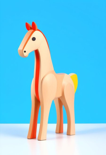 (expert craftsmanship:1.8), (high resolution, product photography, photo studio background:1.2), (modern wooden toy animal, equine creature:1.8), (fine wood, realistic wood material:1.5), (simple form, abstract form, multiple parts:1.9), (finely crafted parts, simple shape, elegant shape, ambiguous shape, stout shape, innocent shape:1.4), (hand-painted, comfortable, playful, friendly:1.5), (tall, lanky, whimsical:1.7), (Bauhaus Design aesthetic:1.7)