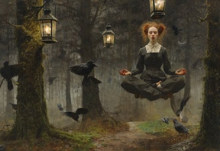 1girl, lotus pose, levitate, above mossy forest floor, trees, crows, rats, lantern, dark, night, oil painting, artwork  by egon schiele and ridley scott  and Jan Vermeer, sidelight, perfect face
 <lora:Witch_SDXL_r1:0.5> w1+ch, <lora:Dramatic Lighting Slider:0.9> <lora:Breast Size Slider:1.5>
<lora:levitate-PNY-SDXL-SD15-Panache-000009:1.1>