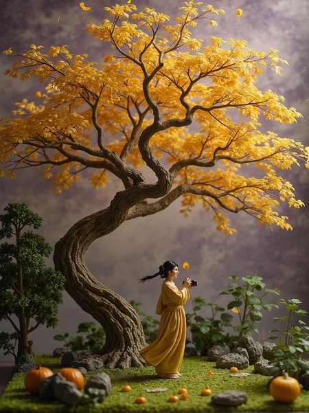 <lora:ck-plastic-models.safetensors:1> a diorama of a plastic model kit featuring
In the heart of the palace gardens, a tree stands, its branches twisting in impossible, serpentine arcs. The leaves shimmer in shades of golden yellow, each one seeming to pulse with an inner light. The sky above is a mottled, dreamlike blend of soft purple and darkening shadows, as if night is seeping through the fabric of reality. The grass below, once a simple patch of green, now undulates like a living sea, its blades curling and uncurling in a hypnotic dance.
Lady Wei Mei-Ling, 58, stands at the base of the tree, her silk robes swaying in a breeze that seems to come from nowhere. Her normally bright eyes areglassy, reflecting the surreal transformation of the scene. She holds her light-capturing device close,_reloadcing the lens with trembling hands. Her breath comes in shallow, rapid gasps, as if she's struggling to hold onto the last threads of her sanity.
The tree's branches, in a moment of eerie clarity, begin to shift and morph, taking on the forms of twisted, smiling faces. Each face whispers secrets in a language only Lady Wei can understand, their laughter echoing through the air. The golden leaves, now more like fluttering insects, swirl around her, teasing her senses.
Lady Wei's hands, usually so steady, fumble as she tries to capture the moment. Her fingers freeze on the shutter, and she closes her eyes, letting the surreal beauty of the scene seep into her soul. When she opens them again, the tree stands tall and still, the faces gone, the leaves once more just leaves. But the echo of their laughter lingers, a haunting reminder of the thin line between reality and delusion.