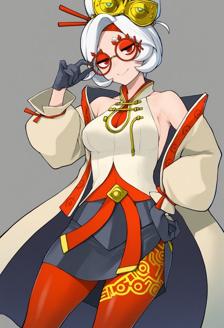 masterpiece, best quality, solo, 1girl, smile, looking at viewer,  <lora:Yasuda-Suzuhito-illus_Fp:1>, simple background, purah, white hair, red eyes, red glasses, eyewear, coat, off shoulder, sash,black skirt, red leggings, adjusting eyewear, standing,