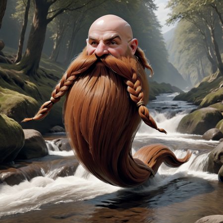 hyper realistic, UHD, 8k, , Harry_Dwarf,  medium shot, long braided moustache, bald, bangles, <lora:Harry_Dwarf_1.5:1>, Jumping in a stream  <lora:add-detail-xl:0.8>