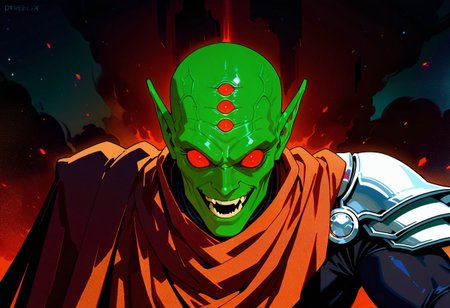 masterpiece, best quality, amazing quality, very aesthetic, absurdres, newest, drvenoilxl, 1boy, red eyes, male focus, pointy ears, green skin, ((old man)), wrinkles, alien, looking at viewer, solo, dark space background, laughing,  pauldron, red cloak, black bodysuit, (((3 forehead eyes)))
