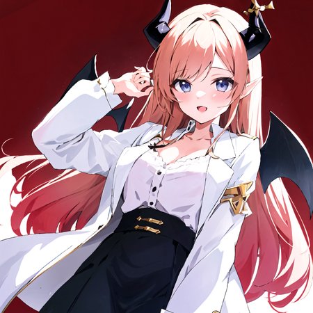 yuzuki choco,solo,1girl,<lora:yuzuki choco:0.8>,devil horns,devil wings,brond hair,white coat,