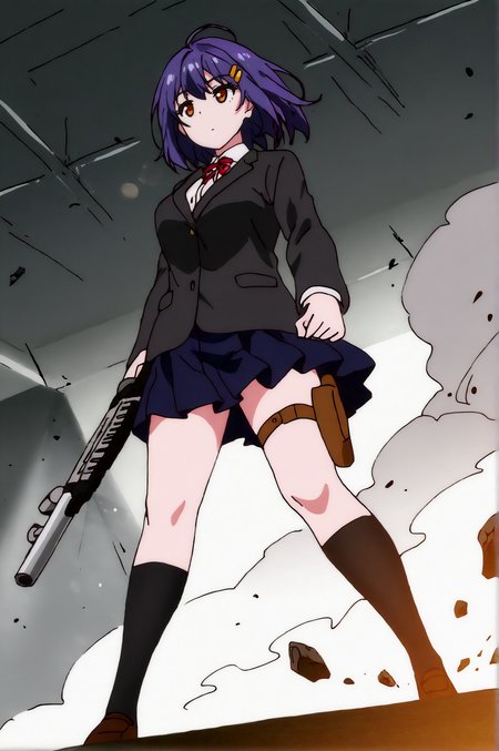 masterpiece, best quality, dark grey background, indoors, cinematic lighting, lens flare, flying debris, dust, smoke, amazing quality, very aesthetic, absurdres, best quality, newest, year 2023,  Suzu, school Outfit, solo, expressionless, aiming tactical shotgun, thigh gun holster, full body,  <lora:JN_Suzu_Illus:0.8>