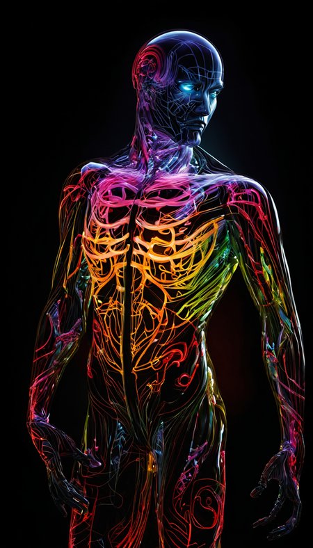 high detailed professional upper body photo of a transparent porcelain android looking at viewer, with glowing backlit panels, anatomical plants, dark forest, night, darkness, grainy, shiny, intricate plant details, with vibrant colors, colorful plumage, bold colors, flora, contrasting shadows , realistic, photographic