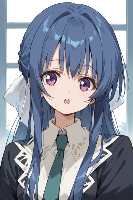 score_9, score_8_up, score_7_up, score_6_up,
 <lora:Tamao_Suzumi:1> tamao, miator, 1girl, solo, blue hair, purple eyes, :o, long hair, necktie, looking at viewer, school uniform, open mouth, sidelocks, upper body