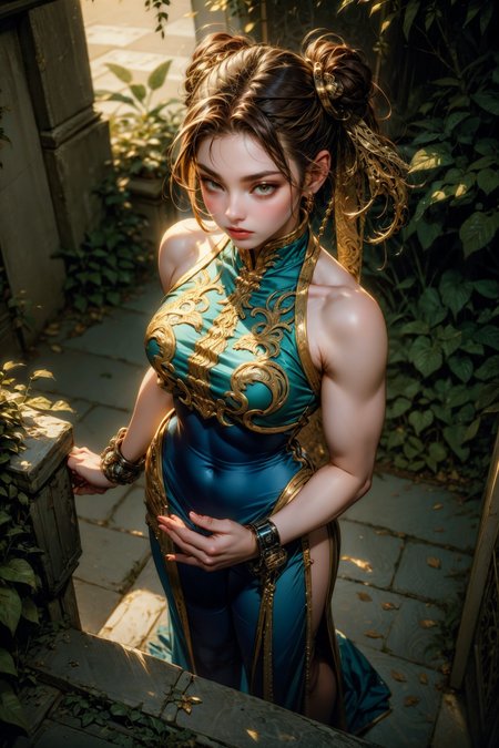 (masterpiece:1.4), (intricate:1.2), (detailed:1.2), (ornate:1.2), (vibrant colors:1.2), BREAK,
(fantasy:1.0), (from above:1.2), BREAK,
chun-li, bare shoulders, pelvic curtain, toned, athletic, <lora:Alpha_Chunners-DEF:0.8> alphachun, BREAK,
(pond:1.1), (ivy:1.0), (moss:1.0), (bushes:1.0),