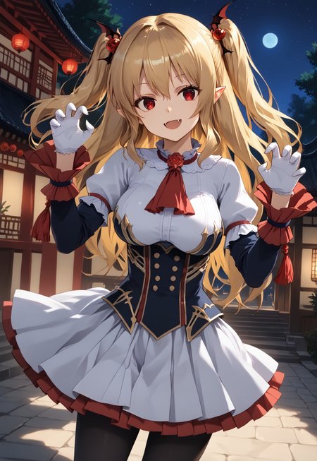 safe_pos, safe_pos, 1girl, solo, solo focus, highres, absurdres, CtK_Vlad, blonde hair, long hair, red eyes, white gloves, twintails, two side up, white skirt, pointy ears, black pantyhose, long sleeves, dress, vampire, hair between eyes, hair ornament, bangs, bat wings, frills, detached sleeves, puffy sleeves, white shirt, red ascot, pleated skirt, juliet sleeves,

looking at viewer, claw pose, smile, open mouth, fangs, head tilt, large breasts,

east asian architecture, tree, shade, night, night sky, dark, backlighting,