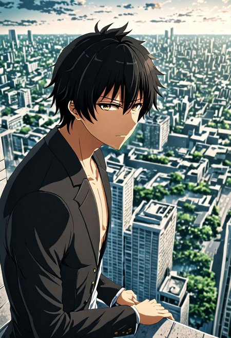 high resolution, solo, best quality, 1Boy, Seiya Kanie, black hair, short hair, thin, high-rise, top of building, landscape, shallow depth of field, OverallDetail