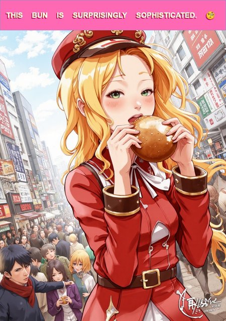 <lora:dmd2_sdxl_4step_lora_fp16:1> 
1girl, klee \(genshin impact\), official costume, eating burger, cowboy shot, dutch angle, 
outdoors, tokyo \(city\), crowd, audience, general,, small tits