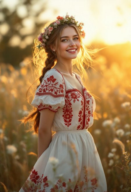 A soft-focus cinematic portrait of a young Ukrainian peasant woman joyfully  in a  sunlit field. hands behind her back. flirty,  She wears a flowing, traditional embroidered dress with red and white patterns, and a woven floral wreath  in her long braided chestnut hair. Her expression is bright and carefree, eyes lit with happiness, captured mid-spin as her dress and hair flare outward. Wildflowers blur in the golden field around her. The image is bathed in warm, golden-hour sunlight, with dramatic backlighting, lens flares, and dreamy bokeh dancing through tall grasses. The scene has a nostalgic, painterly softness with glowing light leaks, shallow depth of field, and a vintage analog aesthetic, evoking the feeling of a joyful memory or pastoral folk painting.
 <lora:aidmaFLuxPro1.1_v0.3:0.85> aidmafluxpro1.1