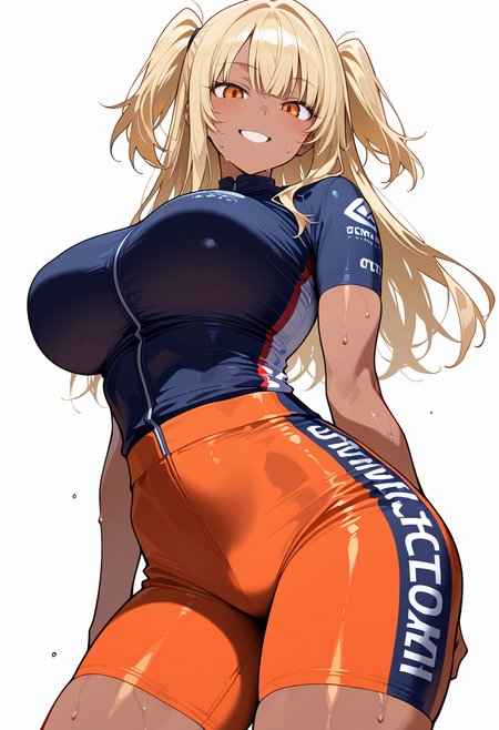 masterpiece, best quality, amazing quality, simple background,((outlined outlined vector graphics)),  simple background,  white background,
1girl, solo, female focus ,20yo, (large breast:1.2), orange eyes, (blonde hair:1.3),long hair, (two side up:1.1), (dark skin:1.6), dark skin girl, (tall:1.2), (abs:0.7),bangs,  looking at viewer ,smile, sweat,,cowboy shot,cycling wear, cycling-wear, cute face , short sleeves  <lora:cycling-wear-il-01:0.7>