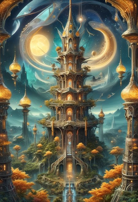 an intricate tower, biomorphic mythical serpent wrapped around tower, (negative space, layer, sigils). orbs and moons, holographic astral keys, tetrahedral trees, (three planes),  stack, flower tiles, OverallDetail, DonMX3n0T3chXL