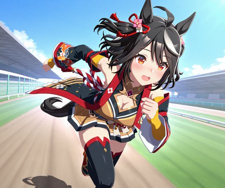 masterpiece, best quality, amazing quality, , 1girl, solo,  umamusume, racetrack, running,  <lora:Kitasan Black in game style 3D:1> ummsmingame, 3d, kitasan black \(umamusume\)