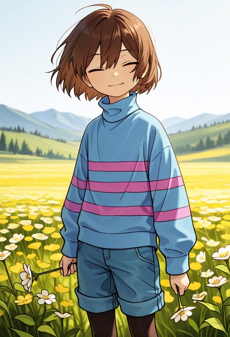 1 girl,,short hair, purple outfit,  frisk , brown hair, closed eyes,,, sweater, ,, solo, striped sweater, soft smile,, striped, ,  shorts,blue shirt,purple striped shirts, <lora:Frisk_new_ill:1>,turtleneck,frisk,pantyhoes<lora:add-detail-xl:1>,masterpiece,best quality,amazing quality,very aesthetic,absurdres,newest,huge filesize,<lora:spo_sdxl_10ep_4k-data_lora_webui:0.5>,detailed background,,upper body,flower valley,holding a flower,black legwear,, (portrai shot, upper body)